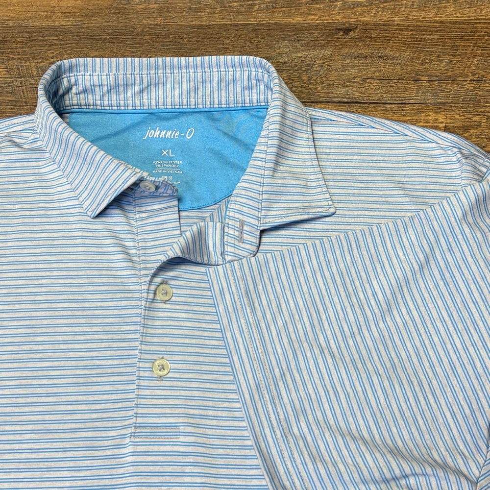 Johnnie-O Arnold Performance Golf Polo Mens XL Blue Striped Stretch UPF50